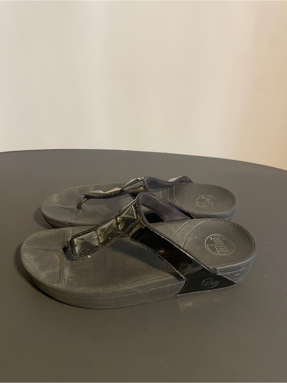 Fitflop Black Patent T-strap Sandals with Jewel Embellishments